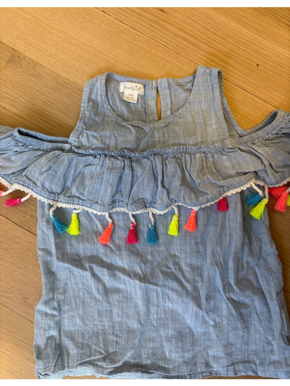 Crewcuts Light Blue Ruffle cold shoulder Tank with Neon Tassel Trim